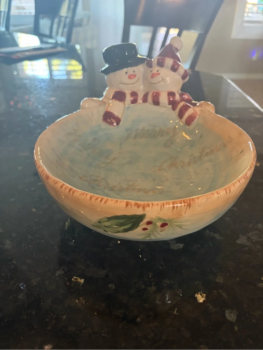 Christmas Holiday Snowman Ceramic Cookie Jar and Candy Bowl Set - LIKE NEW